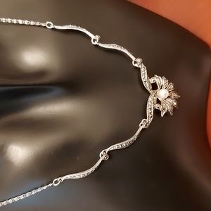 Sterling silver vintage necklace with marcasite stones and faux pearl necklace